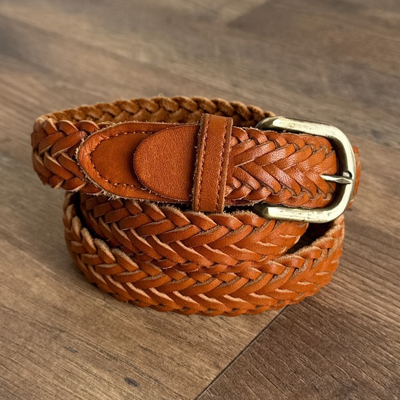 Vintage Accessories - Vintage Western Hand Braided Tan Leather Belt Brass Buckle Womens Size 34